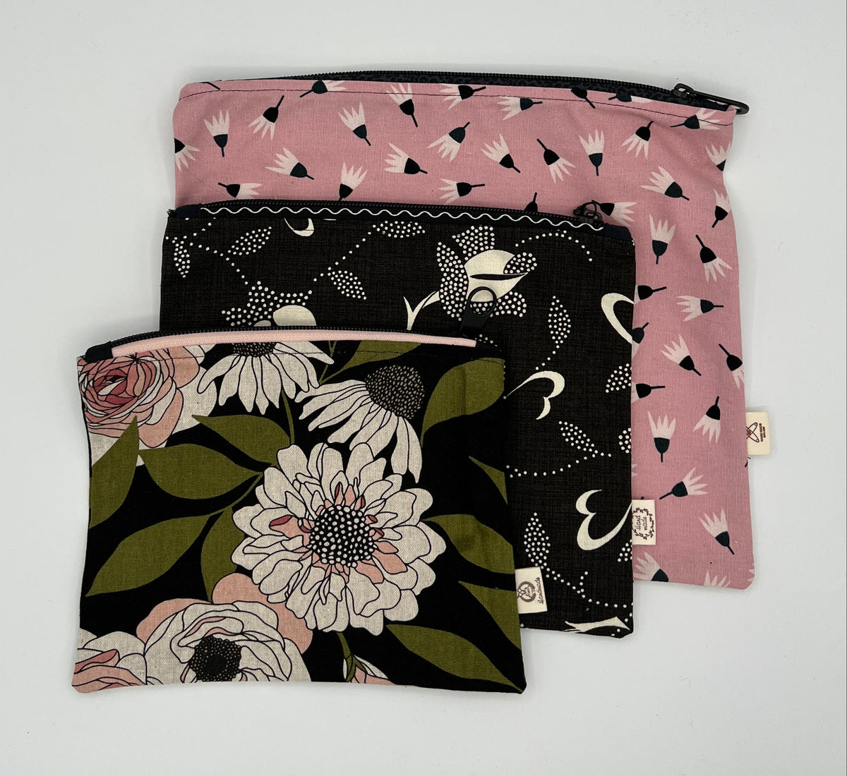 Handcrafted Unlined Zipper Pouch Set of 3 – Pink Dandelion, Black Floral, & Botanical