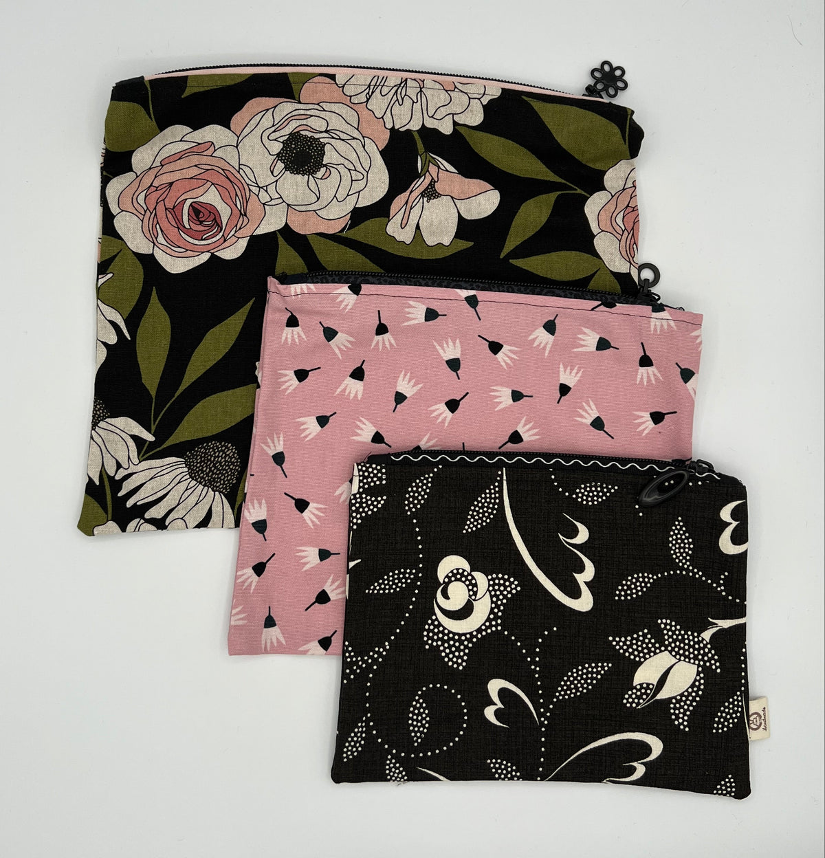 Handcrafted Unlined Zipper Pouch Set of 3 – Botanical, Pink Dandelion & Black Floral