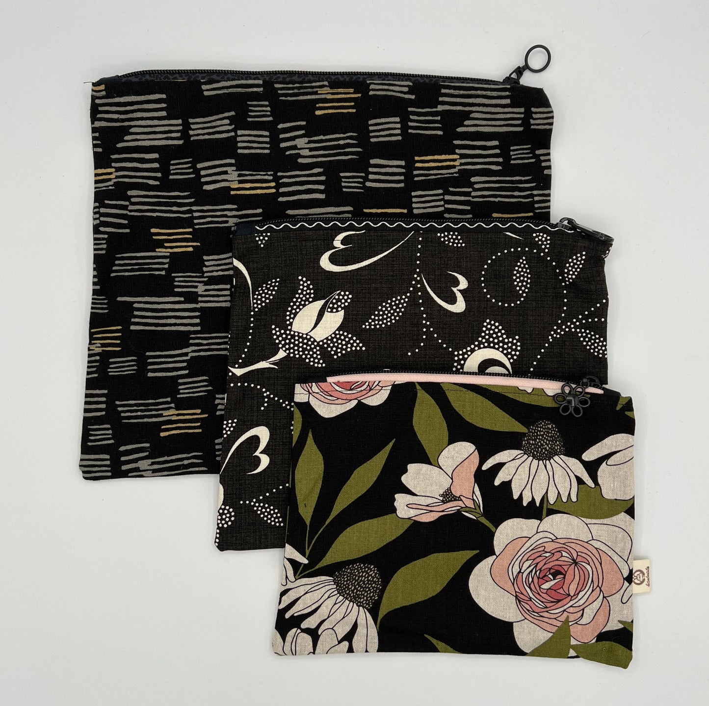 Handcrafted Unlined Zipper Pouch Set of 3 – Dash, Black Floral & Botanical