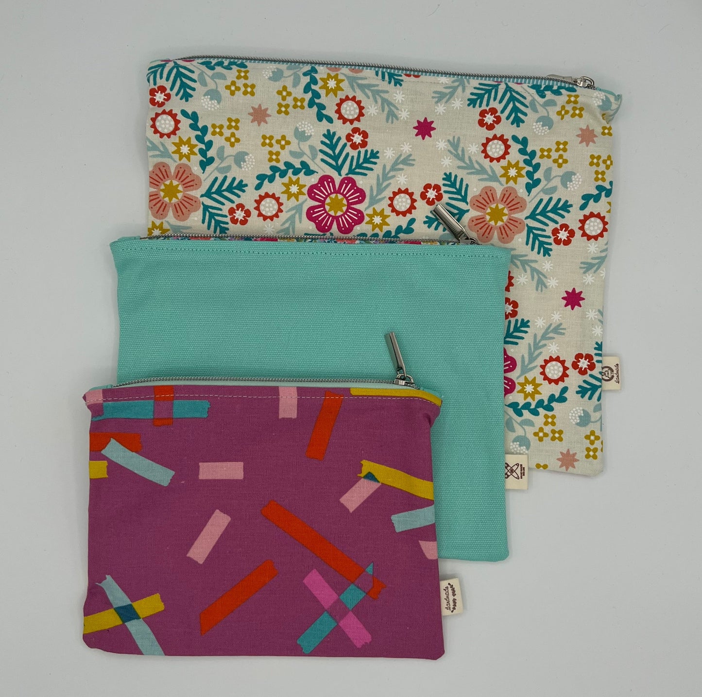 Handcrafted Unlined Zipper Pouch Set of 3 – Floral, Aqua & Pink Dash