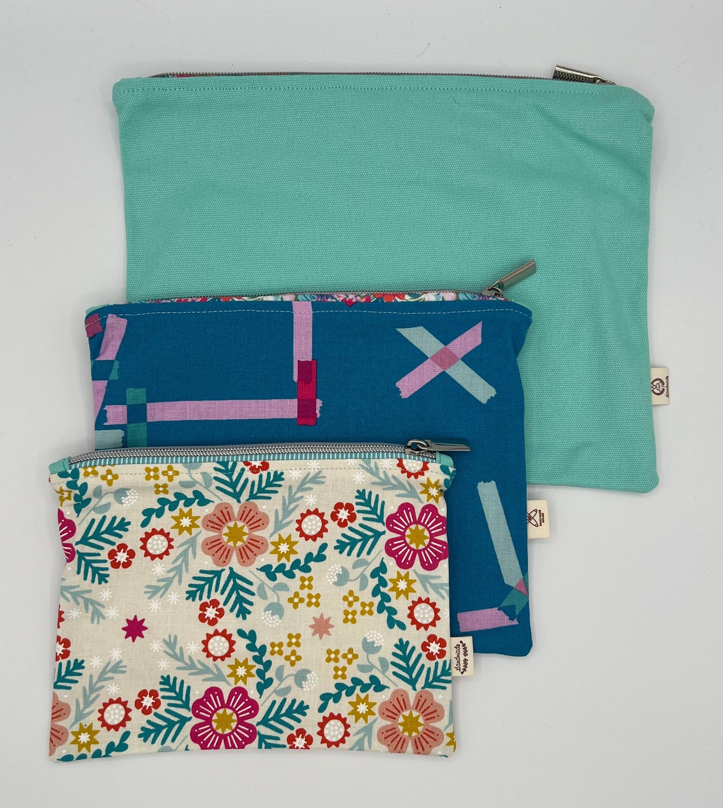 Handcrafted Unlined Zipper Pouch Set of 3 – Aqua, Teal Dash, & Floral