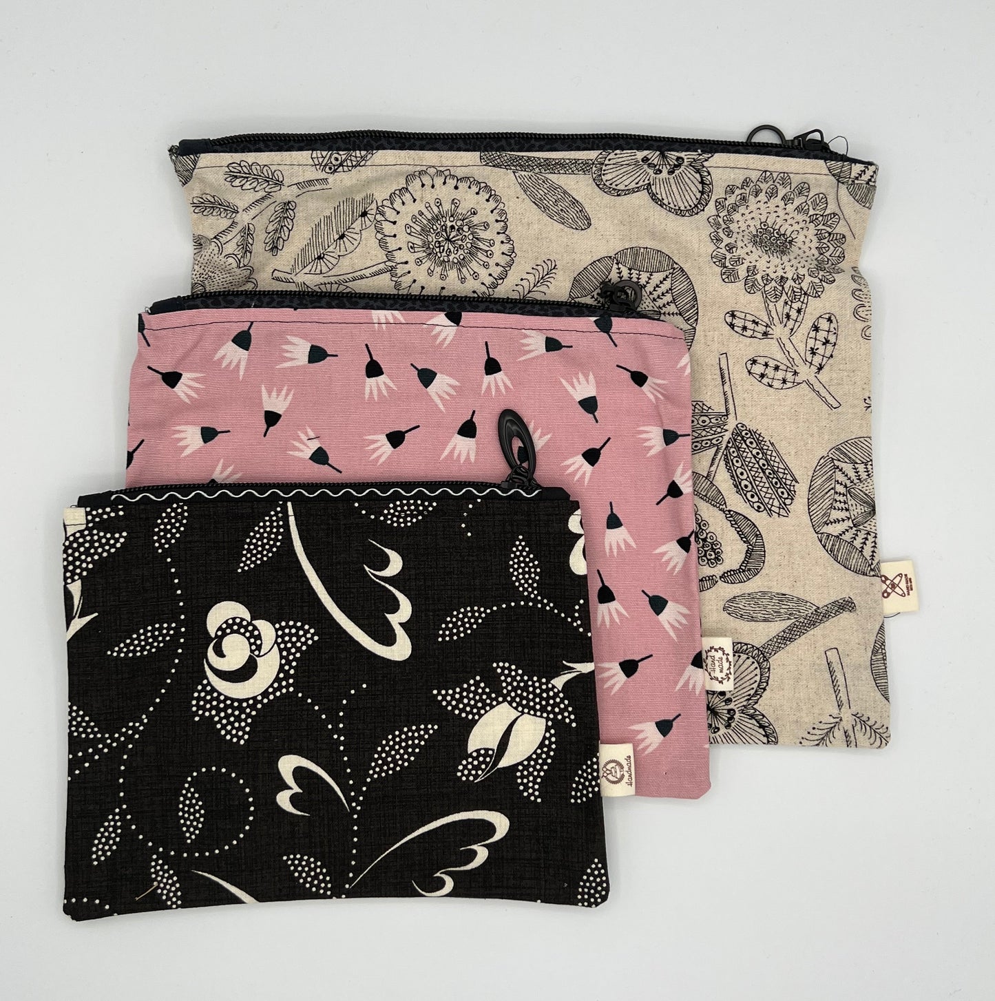Handcrafted Unlined Zipper Pouch Set of 3 – Botanical Sketch, Pink Dandelion & Botanical
