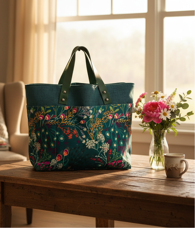 Crafters Carry-All Tote Bag Teal Floral