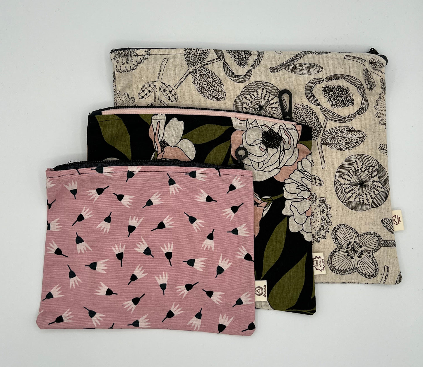 Handcrafted Unlined Zipper Pouch Set of 3 – Botanical Sketch, Black Floral & Pink Dandelion