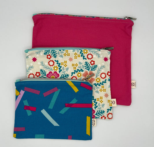 Handcrafted Unlined Zipper Pouch Set of 3 – Pink, Floral, & Teal Dash