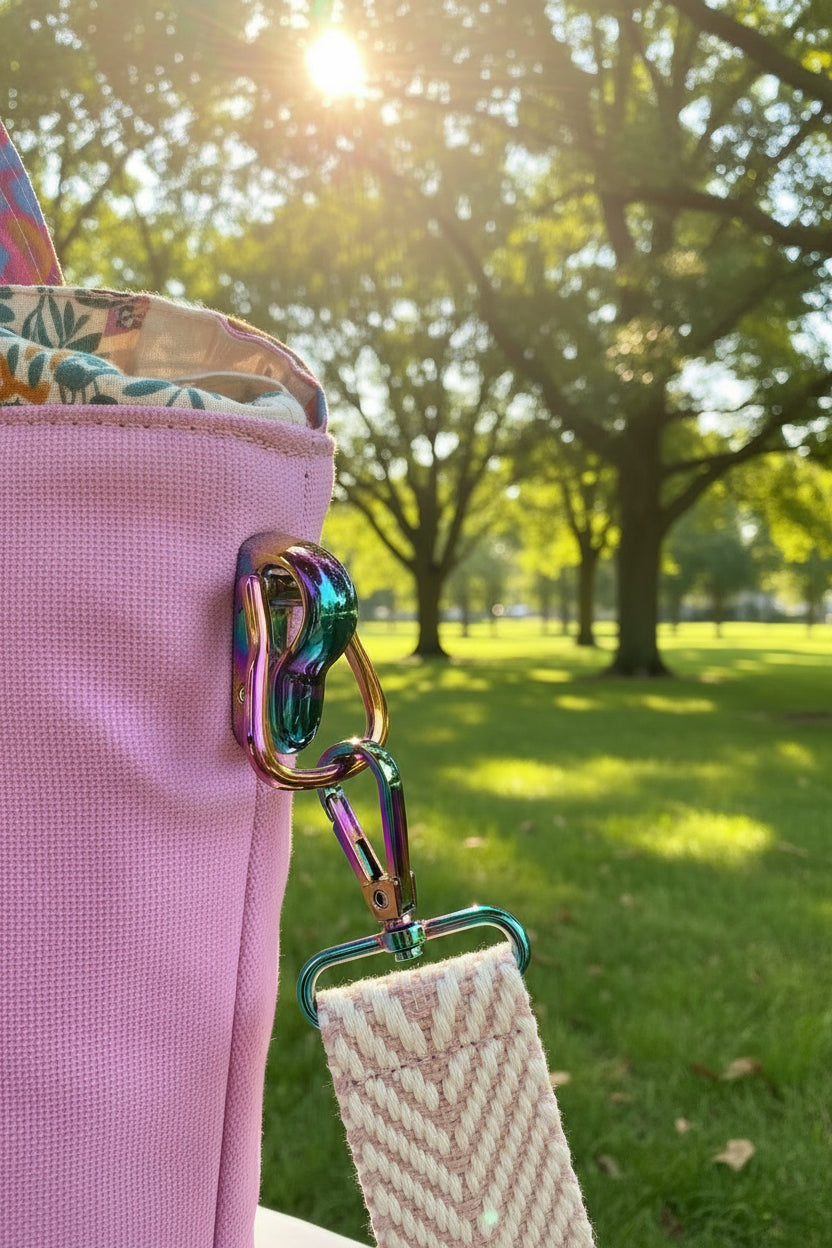 A close-up of a side of a lavender canvas tote bag featuring a large iridescent rainbow metal D-ring clasp and a cream woven shoulder strap.