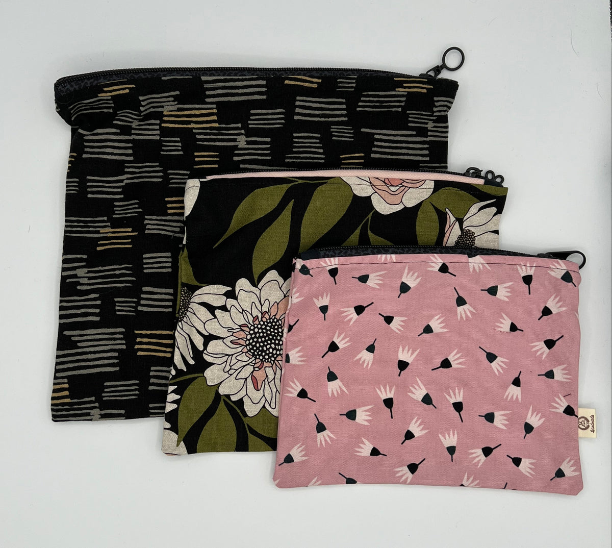 Handcrafted Unlined Zipper Pouch Set of 3 – Dash, Botanical & Pink Dandelion