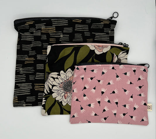 Handcrafted Unlined Zipper Pouch Set of 3 – Dash, Botanical & Pink Dandelion