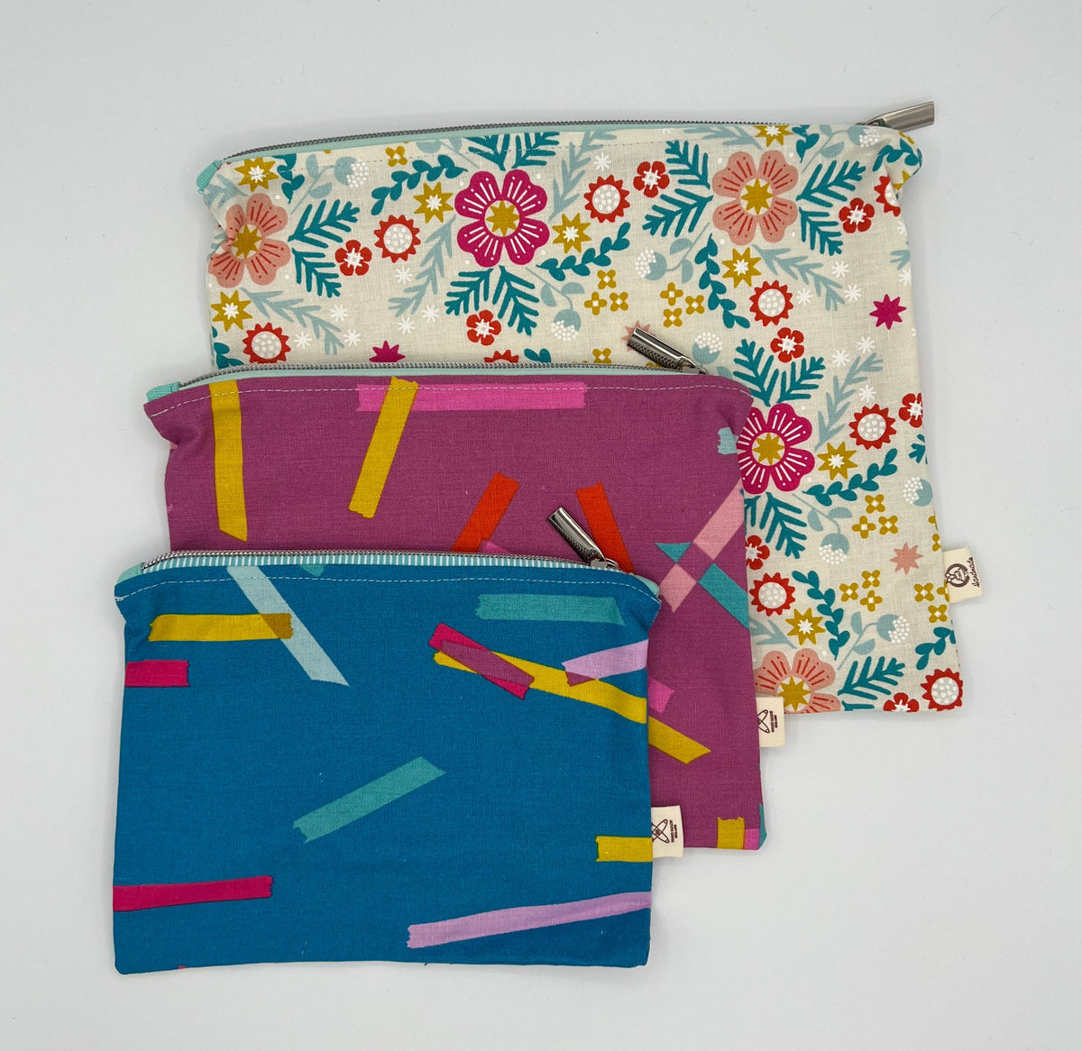 Handcrafted Unlined Zipper Pouch Set of 3 – Floral, Pink Dash & Teal Dash