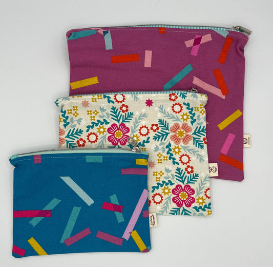 Handcrafted Unlined Zipper Pouch Set of 3 – Pink Dash, Floral, & Teal Dash