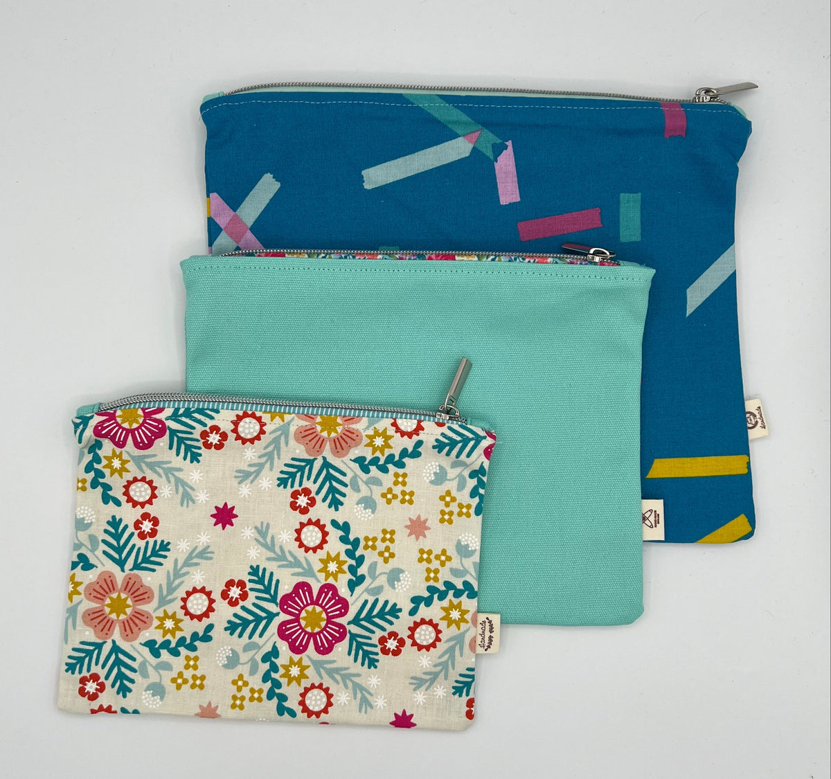 Handcrafted Unlined Zipper Pouch Set of 3 – Teal Dash, Aqua & Floral