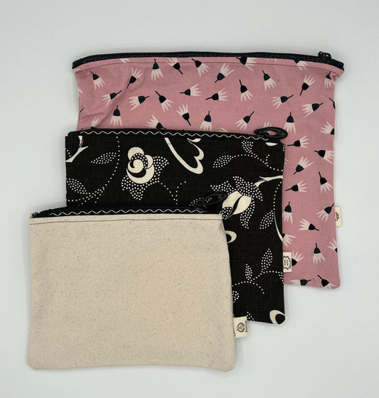 Handcrafted Unlined Zipper Pouch Set of 3 – Pink Dandelion, Black Floral & Canvas