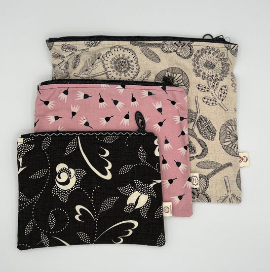 Handcrafted Unlined Zipper Pouch Set of 3 – Botanical Sketch, Pink Dandelion & Botanical
