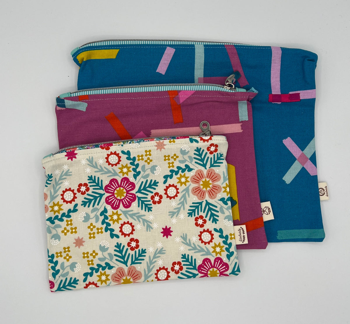 Handcrafted Unlined Zipper Pouch Set of 3 – Teal Dash, Pink Dash & Floral