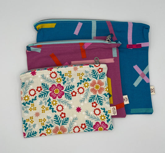 Handcrafted Unlined Zipper Pouch Set of 3 – Teal Dash, Pink Dash & Floral