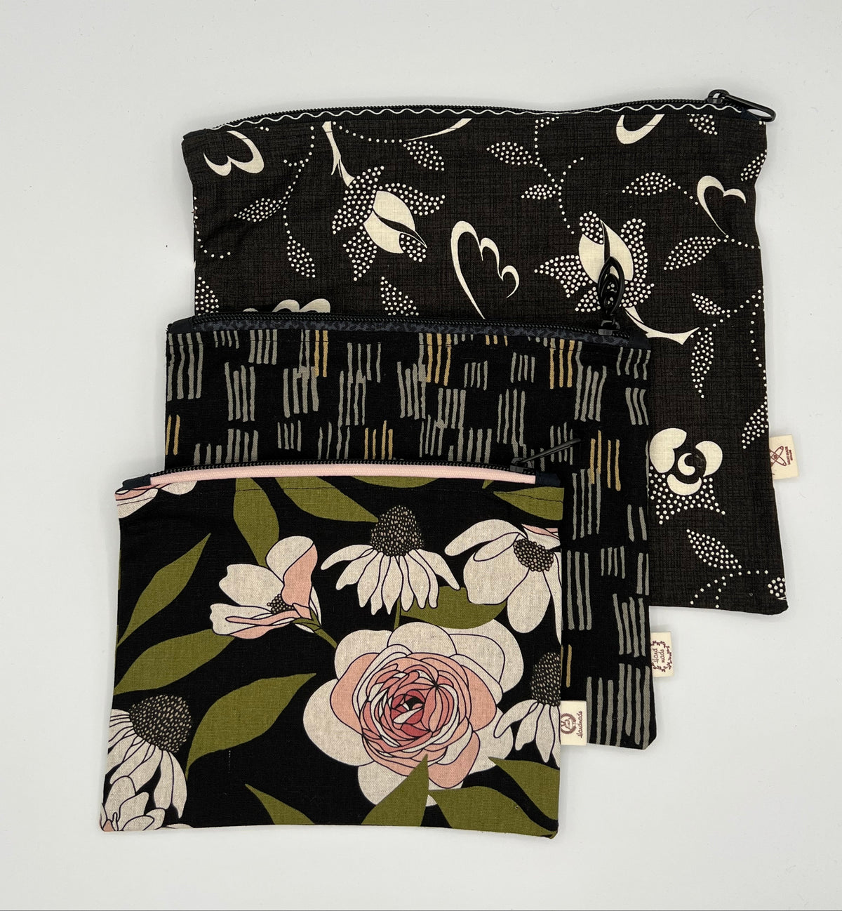 Handcrafted Unlined Zipper Pouch Set of 3 – Black Floral, Dash, & Botanical