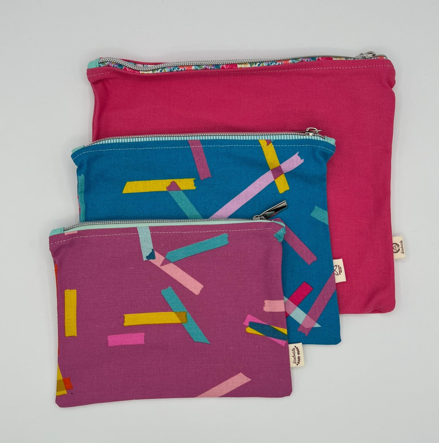 Handcrafted Unlined Zipper Pouch Set of 3 - Pink, Teal Dash, & Pink Dash