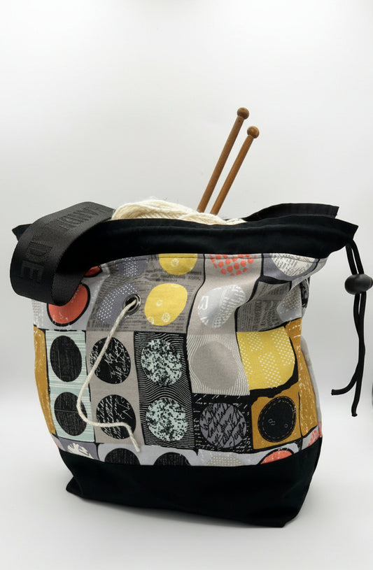 Drawstring Project Bag – Black Patchwork