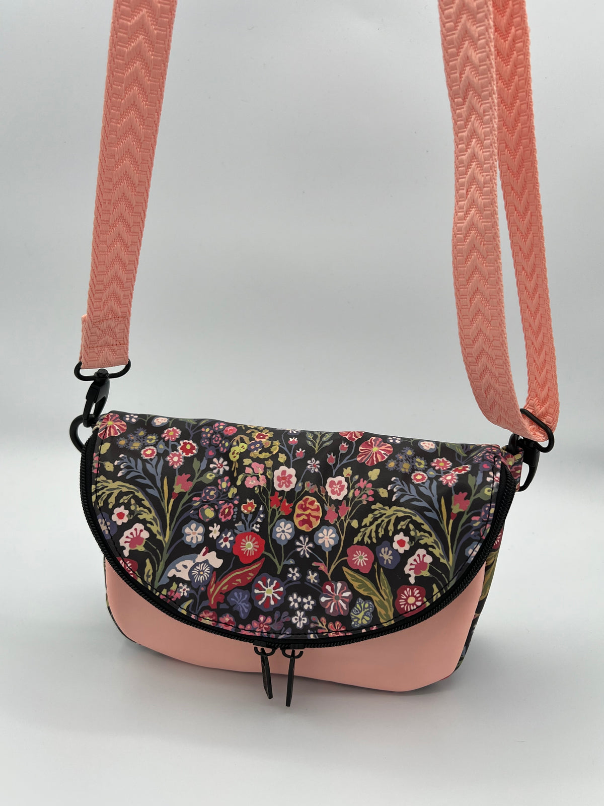 Compact Fold Over Crossbody — Dark Floral & Blush, Compact and Stylish
