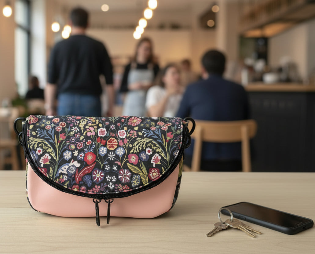 A floral print crossbody bag featuring a multicolor pattern of pink, red, green, and blue flowers on a dark background, with a peach-colored strap and black metal hardware.