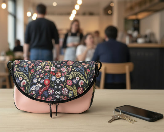 A floral print crossbody bag featuring a multicolor pattern of pink, red, green, and blue flowers on a dark background, with a peach-colored strap and black metal hardware.