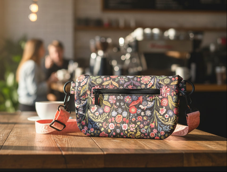 A floral print crossbody bag with a black zipper back pocket, featuring a multicolor pattern of pink, red, green, and blue flowers on a dark background, with a peach-colored strap and black metal hardware.