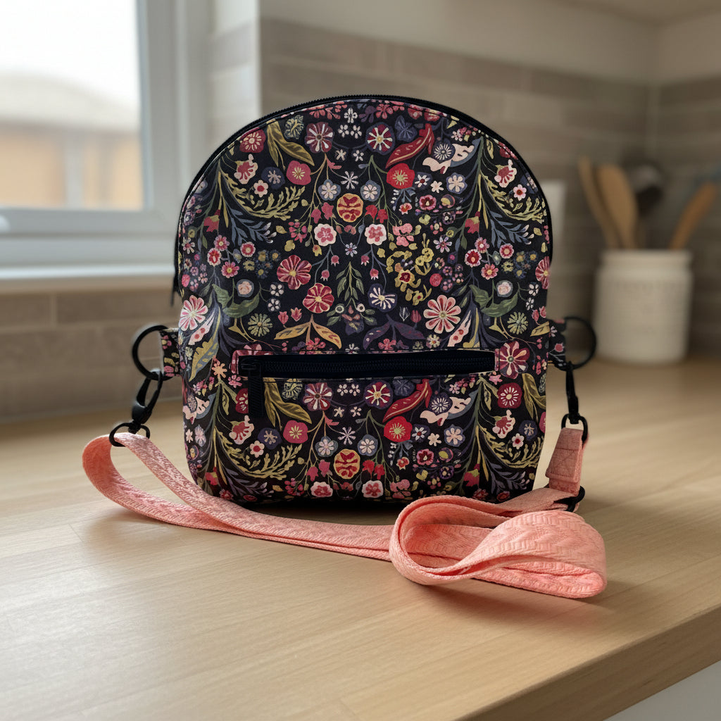 Compact Fold Over Crossbody — Dark Floral & Blush, Compact and Stylish