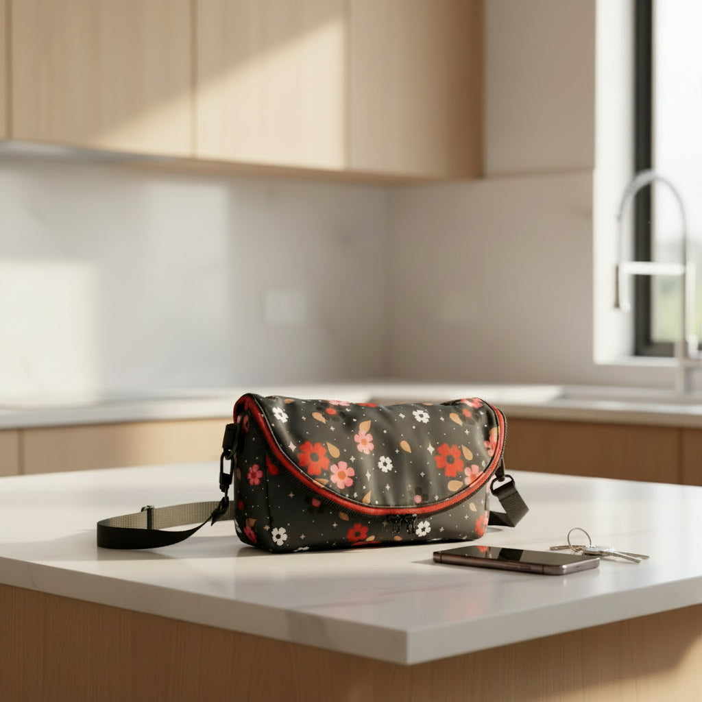 Compact Fold Over Crossbody — Dark Floral, Lightweight, Everyday Ready