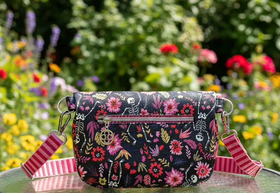 Skeleton & Floral Crossbody — Bold Print, Vinyl Exterior
