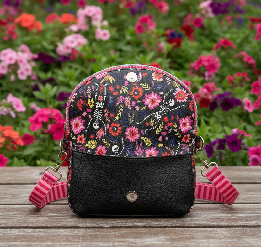 Skeleton & Floral Crossbody — Bold Print, Vinyl Exterior