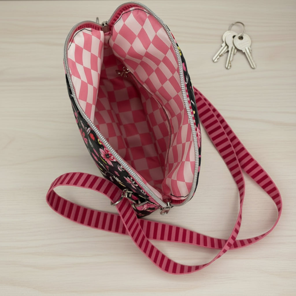 Skeleton & Floral Crossbody — Bold Print, Vinyl Exterior